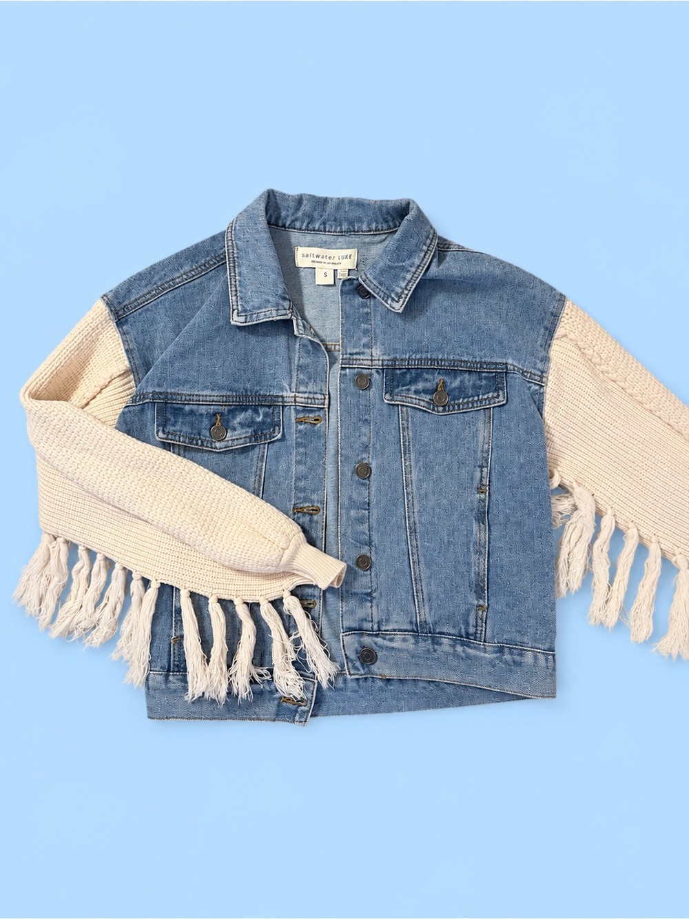 Saltwater Luxe Denim Jacket with Cream Knit Fringe Sleeves